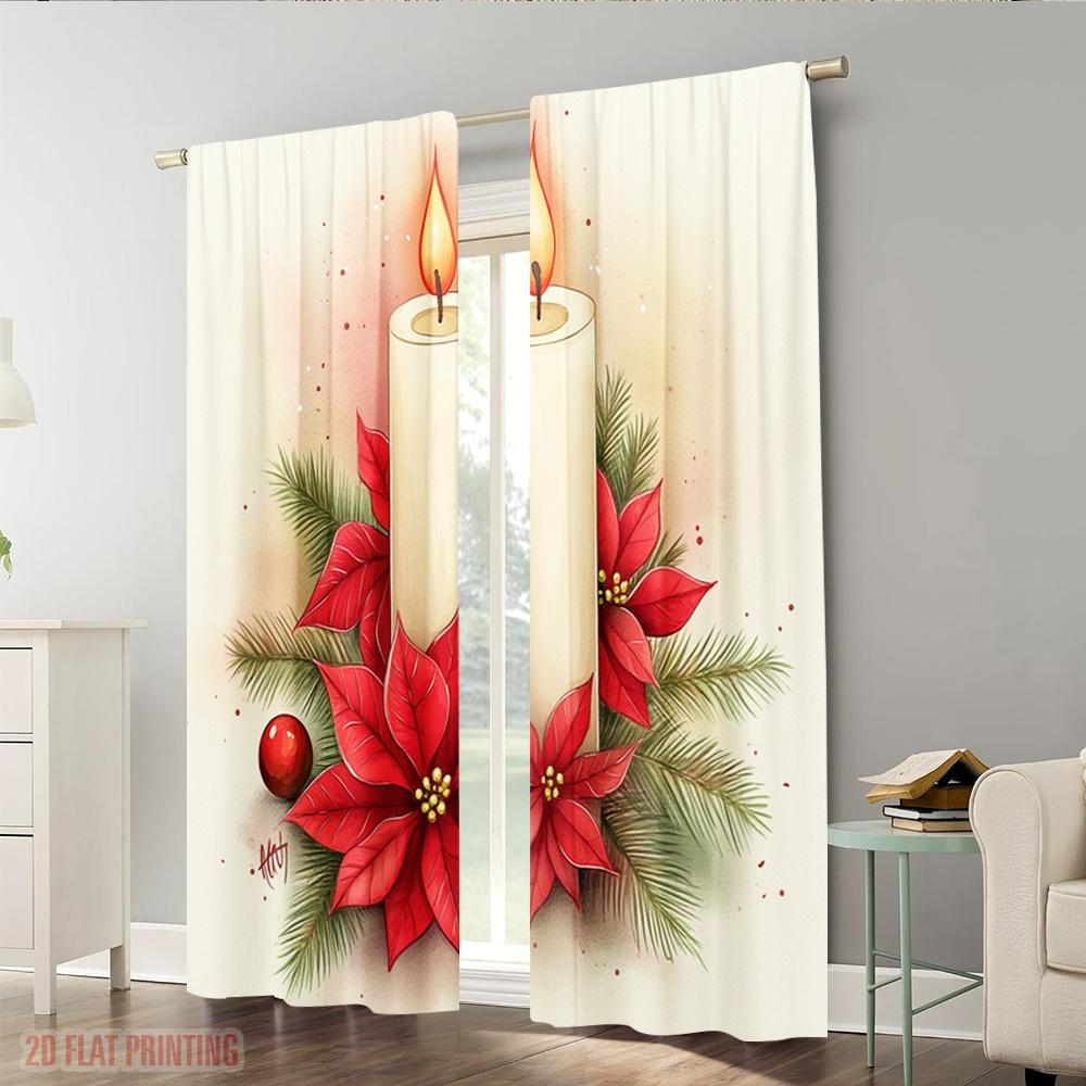 Set Of 2 Plane Printing Curtain Popular Christmas Candles Poinsettias Pinecones Polyester Without Rod Home Decor Ldeal Curtains Made