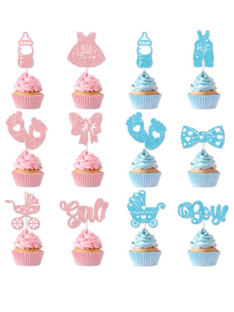 

12/24pcs Boy or Girl Cupcake Toppers Glitter Feet Onesie Dress Gender Reveal cake picks Cake Decoration Baby Shower kid birthday 12pcs