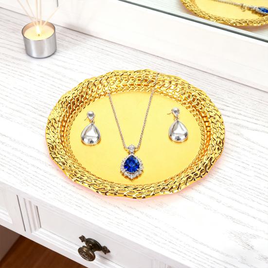 Vintage Round Metal Tray Retro Decorative Display Plate Flat Bottom Serving Platter for Jewelry