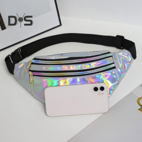 Iridescent Midjeväska Glitter Bältesväska Vattentät Magväska Konstläder Bum Bag med 3 Fickor för Resor Fest Strand Musikfestival