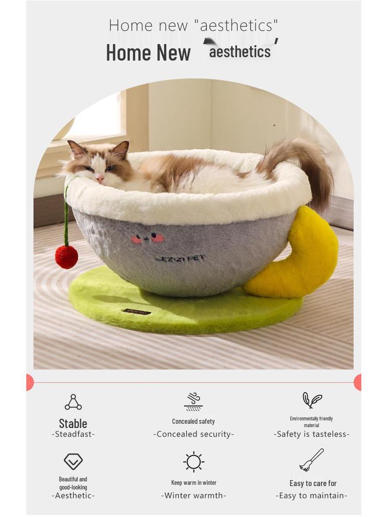 All-Season Semi-Closed Cat Bed: Warm Winter Nest with Cozy Coffee Cup Design