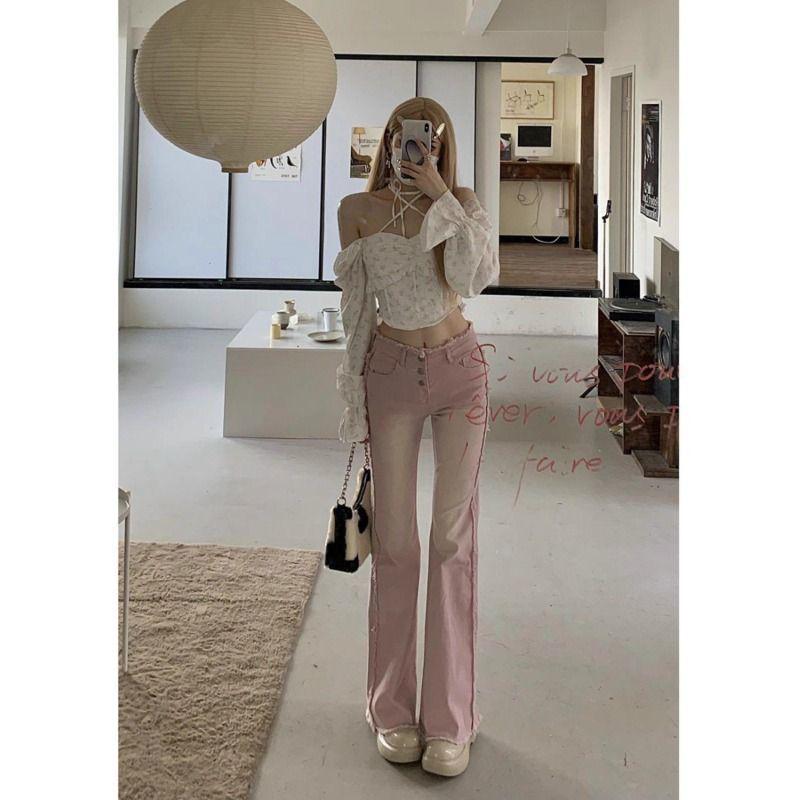 American Pink Women's Elastic High-Waisted Wide-Leg Retro Micro-Flare Jeans