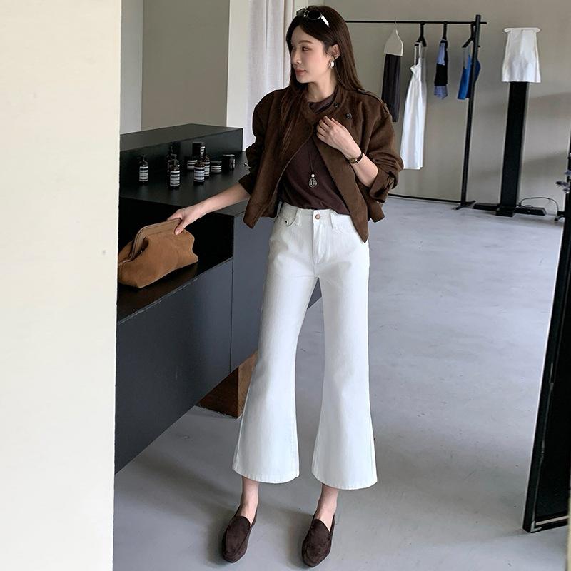 Autumn new white denim nine-point slim-fit flared pants women's leather brand black apricot