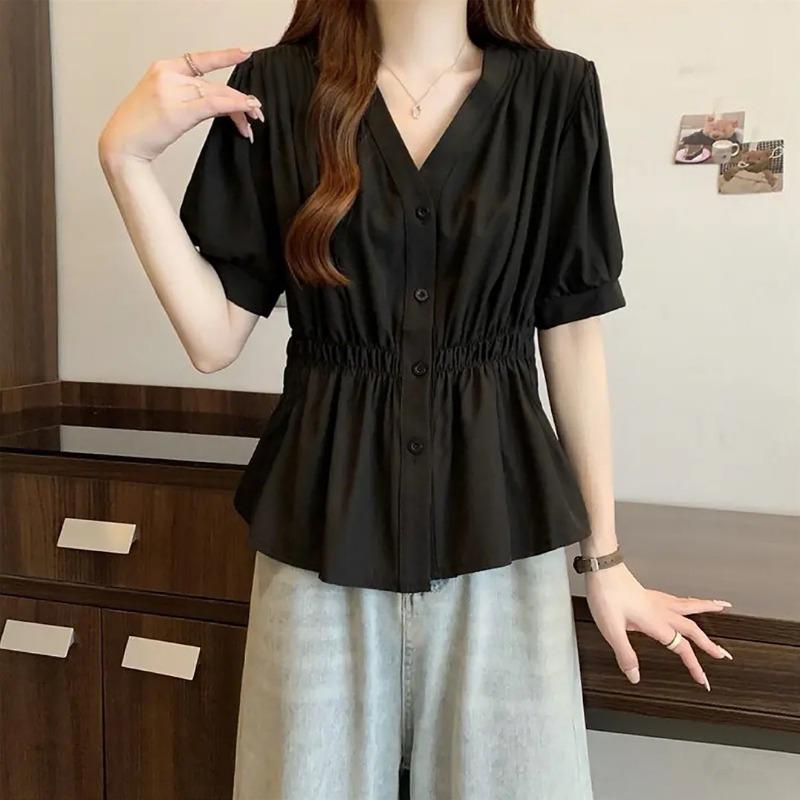 Women Light Blue V Neck Puff Sleeve Elastic Waist Peplum Button Down Casual Blouse
