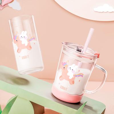 Children Glass Water Cup Cute Cartoon Toddler Drink Mug With Straw Leak-Proof Rabbit Milk Bottle Kids Scale Safety Milk