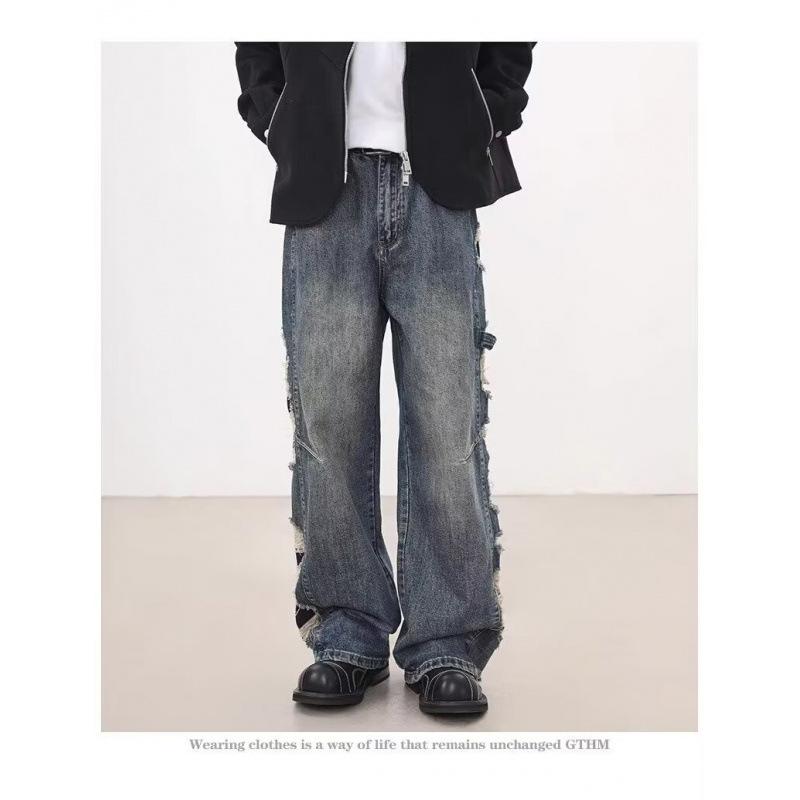 JYL Men's Straight Jeans American Ripped Vintage Loose Wide-Leg Denim
