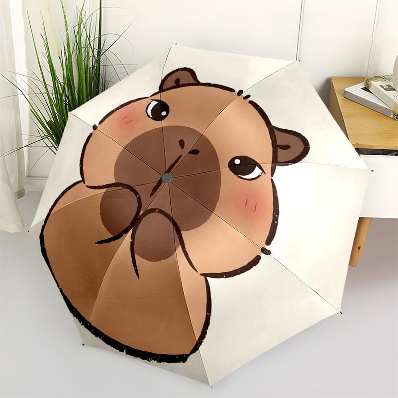 Capybara Automatic Folding Umbrella Simple 8 Rib Design, Bright Cartoon Pattern, Durable Iron Frame, Suitable For Travel, Outdoor, Beach C