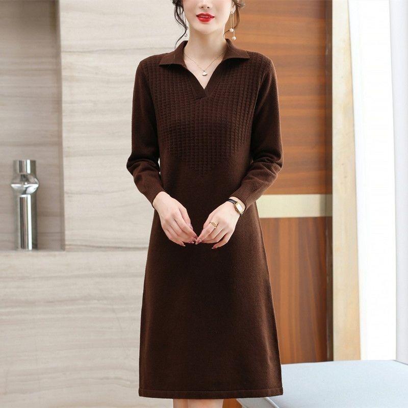 Solid Color Mid-length Knitted Dress for Women Casual Knitted Knitted Sweater Dress for Autumn and Winter Pullover