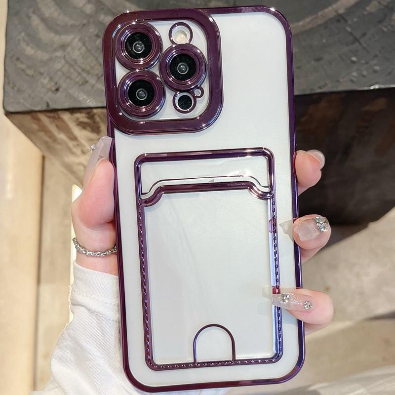 Electroplated Card Holder iPhone Case for iPhone 17, Compatible with Apple 15/16e, Transparent, Simple Design for 14/13/12, Fits Models 11/78.