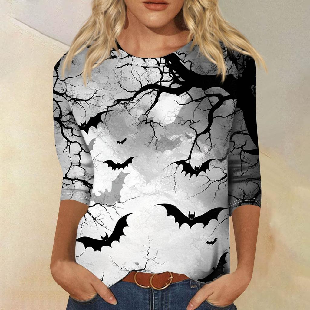 Women's Fashion Casual Round Neck 3/4 Sleeve Loose Printed T-Shirt Ladies Top