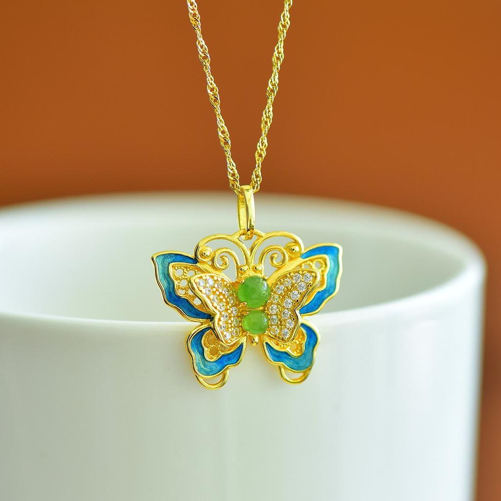 Hotan Jade S925 Silver Inlaid Butterfly Pendant Necklace