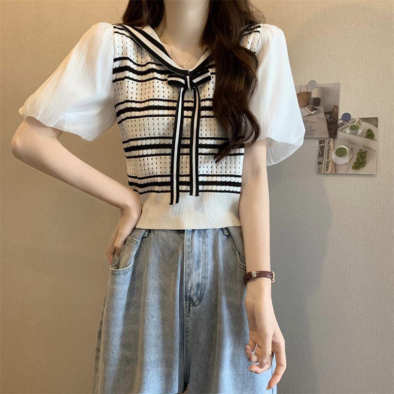 Summer Korean Academy Style Navy Collar Bubble Short Sleeve Slimming Striped Knitted Shirt Top for Women