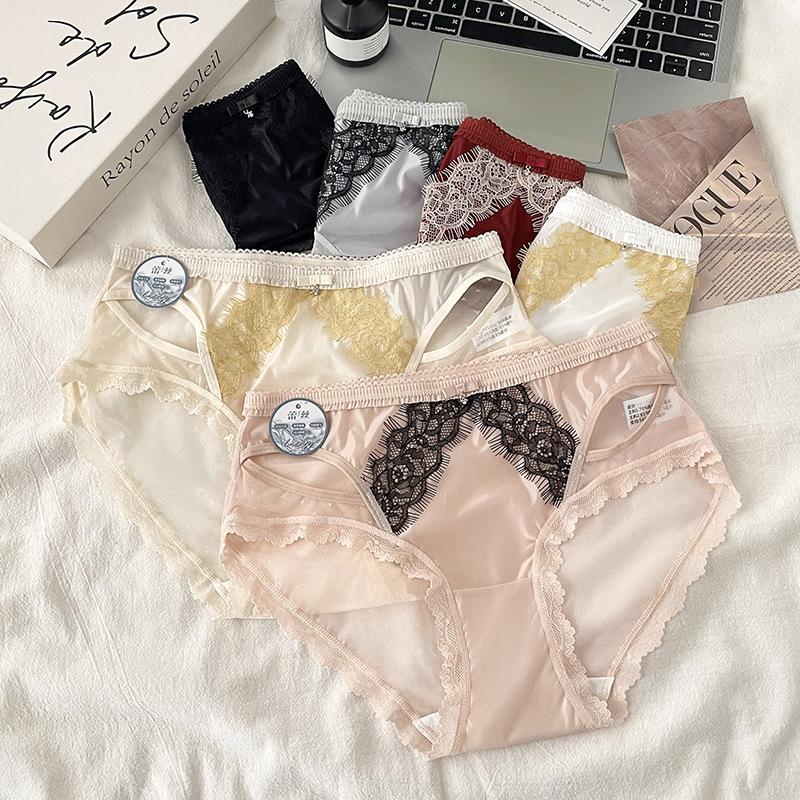 Ladies Summer New Sexy Lace Clash Color Eyelash In Waist Triangle Briefs