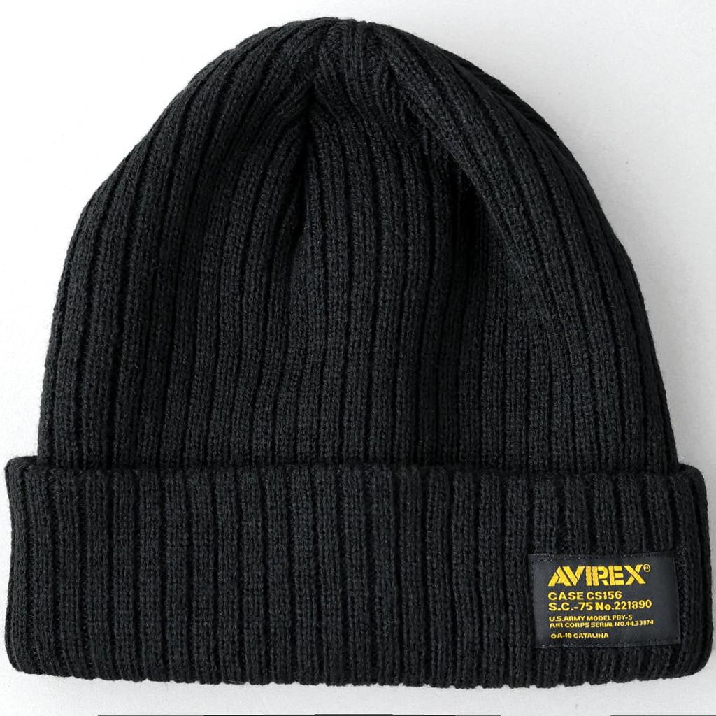 AVIREX Special Order Military Tag Ribbed Knit Cap with Logo Watch Unisex Solid Color One Size Fits Yellow Name Patch, Cap, Men's Beanie, (JP,