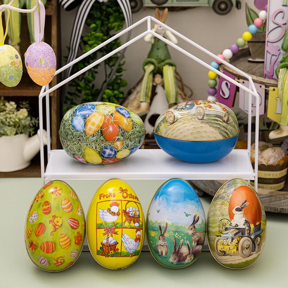 Happy Easter Treat Box Egg Shape Candy Box Funny Bunny Chicken Pattern Iron Art Biscuit Cookie Box Easter Decoration 2025