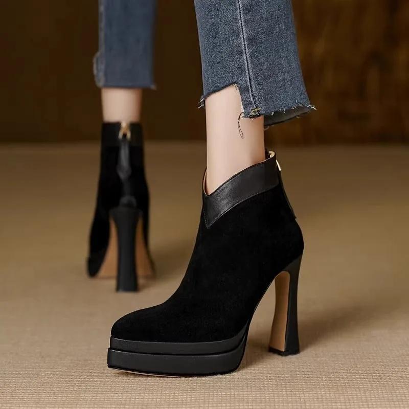 

Fashion Comfortable Pointed Toe High Heel Boots Waterproof Platform Zipper Back Brown V Mouth Flock Ankle Boots Fashionable Retro Style 37