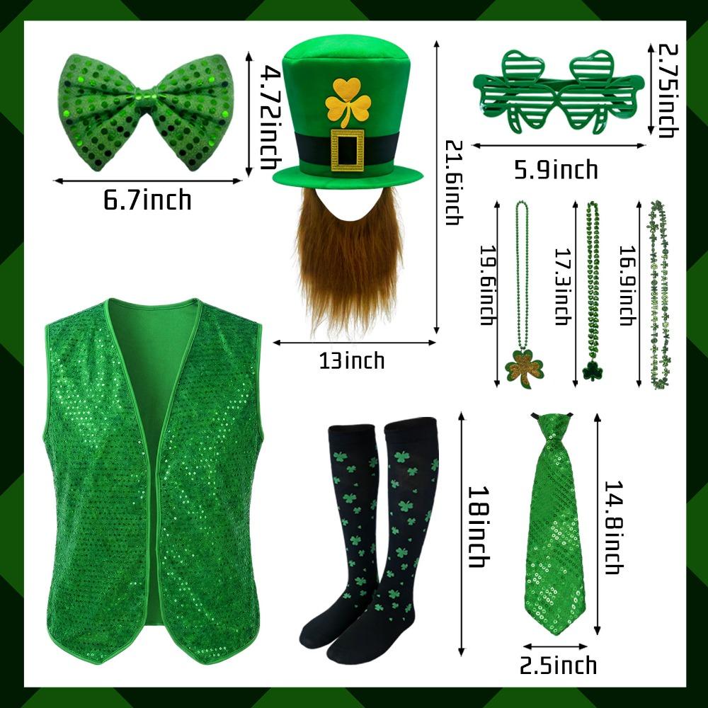 10pcs St. Patrick's Day Green Hat Beard Costume Sock Necklace Glasses Bracelet Vest Tie Festival Birthday Party Decor Supplies