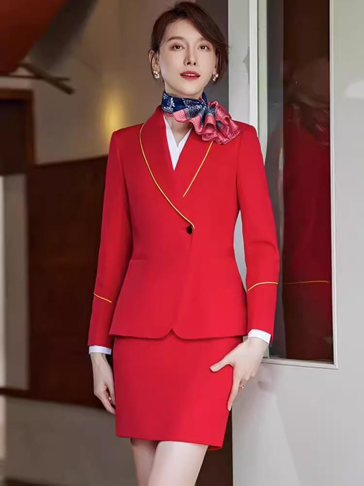 China Southern Airlines Flight Attendant Professional Suit: High-End Rose Red Vest and Dress Reception Uniform