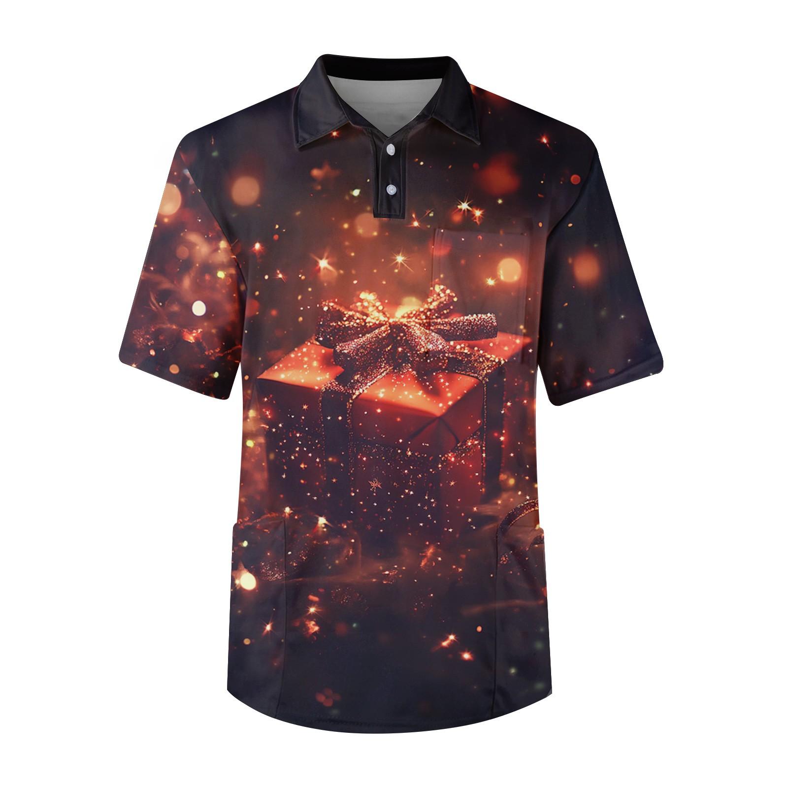 

Мужской топ с коротким рукавом, пуговицами, лацканами, рождественскими принтами, нагрудным карманом, Dry-nurse L винный