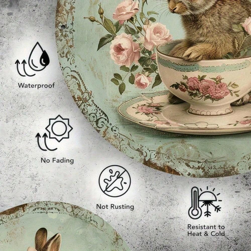 Whimsical Rustproof Aluminum Rabbit Wall Art Sign, Vintage Farmhouse Decor for Indoor Outdoor Relaxation, 8x8 Inch Metal Plaque