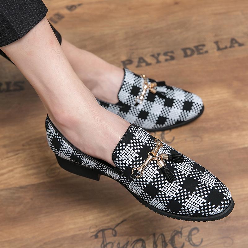 Męskie Casualowe Skórzane Buty w Kratkę z Frędzlami - Koreański Styl, Oddychające, Szpiczasty Wzór na Wiosnę i Jesień 2022