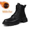 Genuine Leather Motorcycle Boots for Men New Fashion Mens High Top Footwear Warm Plush Fur Winter Boots Luxury Brand Snow Boots