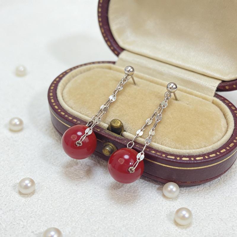 S925 Sterling Silver Angola Red Tassel Pearl Stud Earrings – Fashionable Sterling Silver Ear Accessories 925 Silver