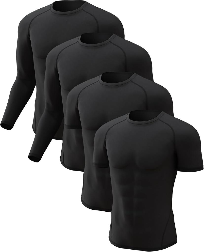 2 Pack Men's Compression Shirts Long Short Sleeve Rash Guard Workout Top, Black