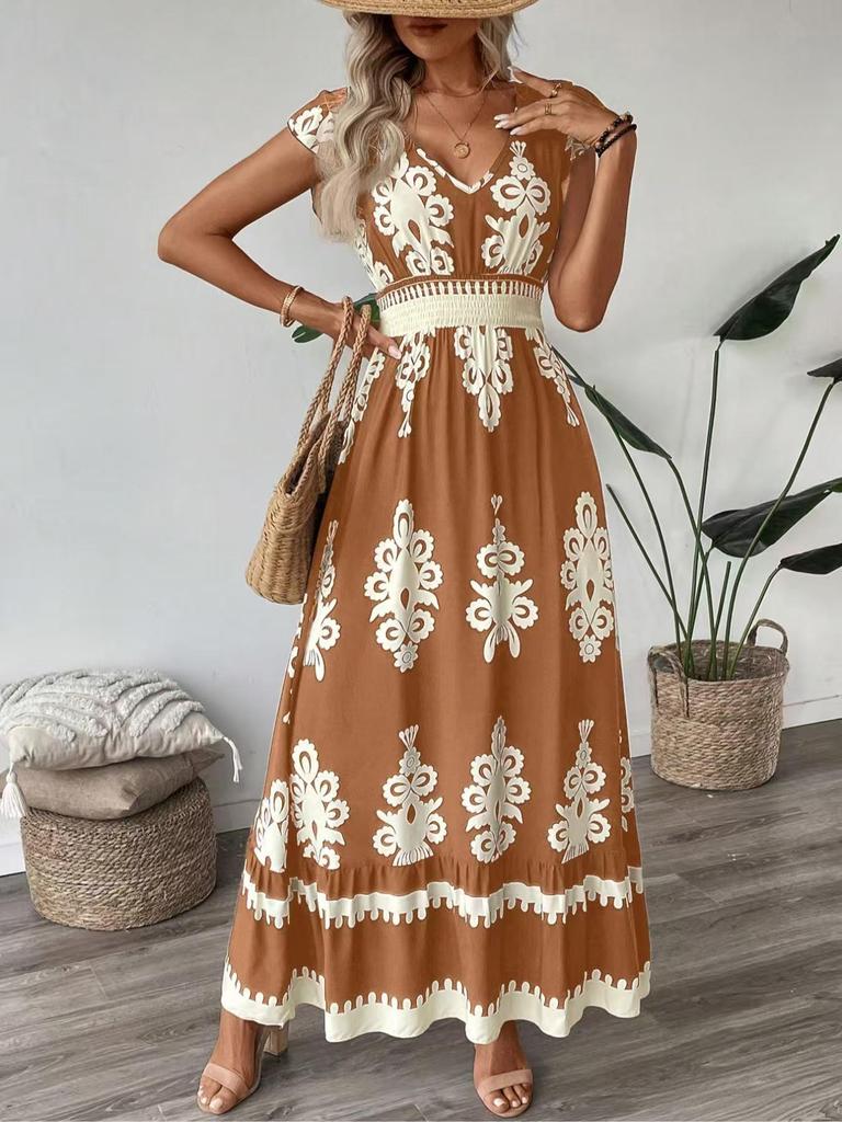 2025 European and American V-neck Waist-Cinching Summer Print Long Dress for Women