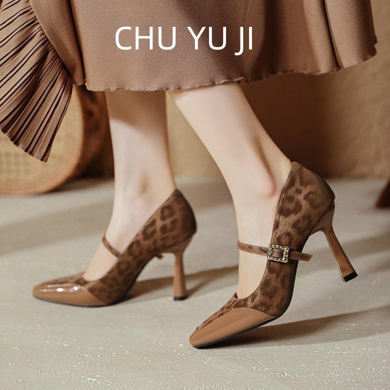 First encounter with leopard print royal sister brown high heels 2025 autumn new Hong Kong style single shoes with coat Mary