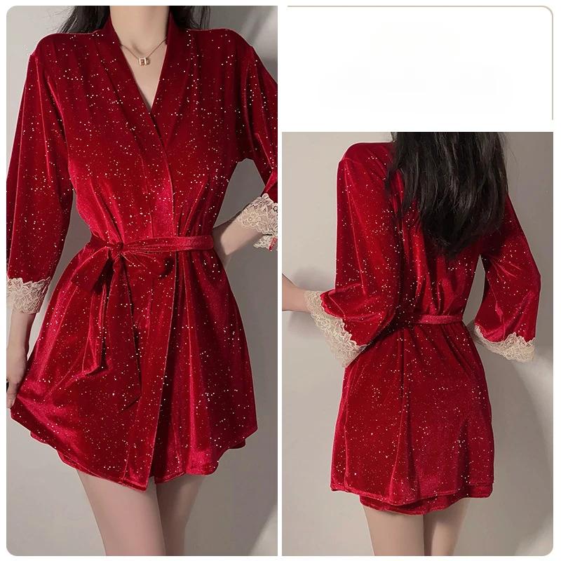 Silver Fine Glitter Velvet Suspender Pajamas Women's Nightgown Lace Sexy Pajamas with Chest Pad Set