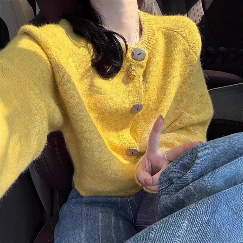 Women's Solid Color Loose Crew Neck Knit Cardigan: Korean-Style Casual Lazy-Style Autumn Winter Sweater Top