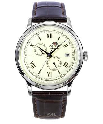 Relógio masculino clássico Bambino versão 8 pulseira de couro mostrador bege automático RA-AK0702Y