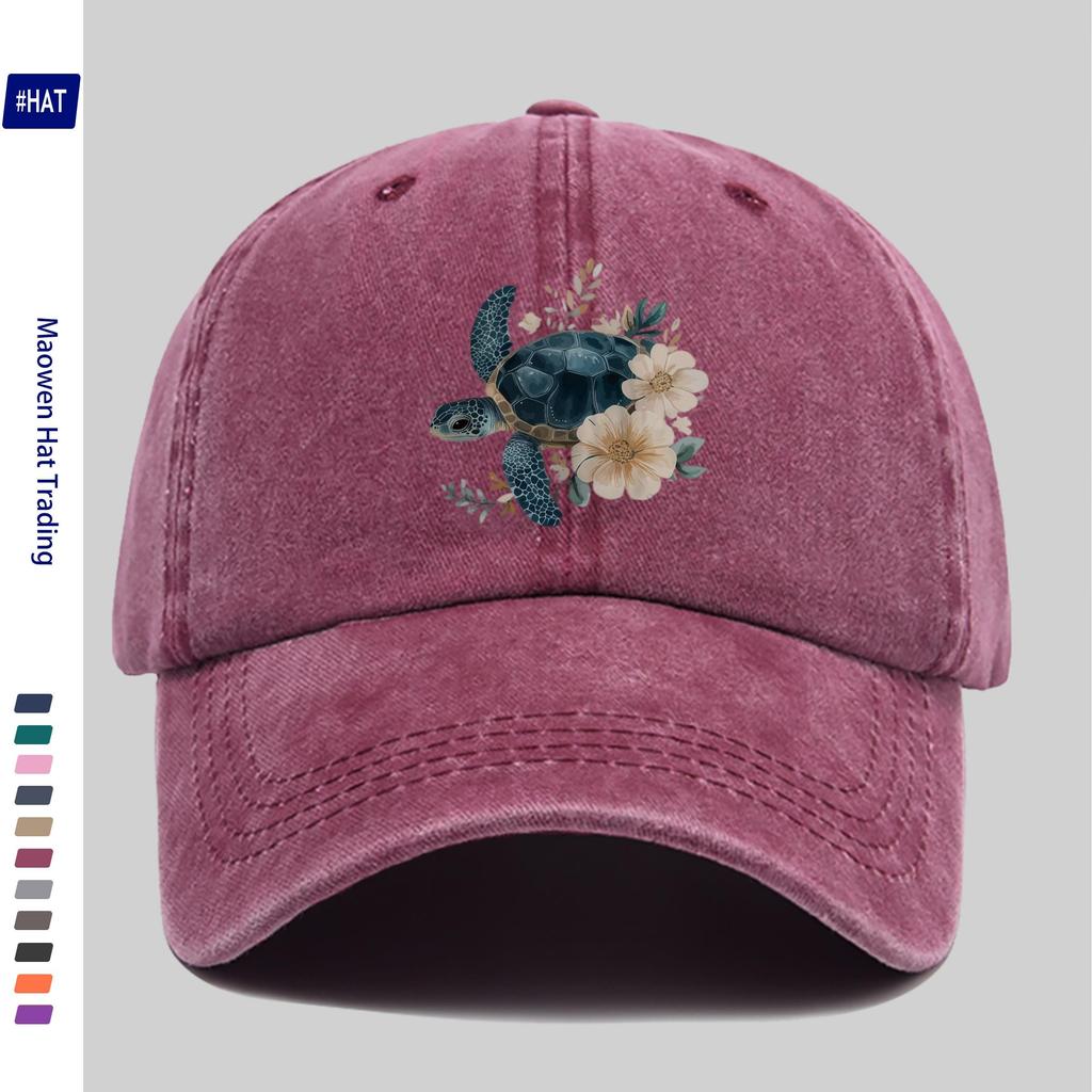 Turtle Floral Baseball Cap Washed Denim Distressed Adjustable Vintage Outdoor Sun Hat