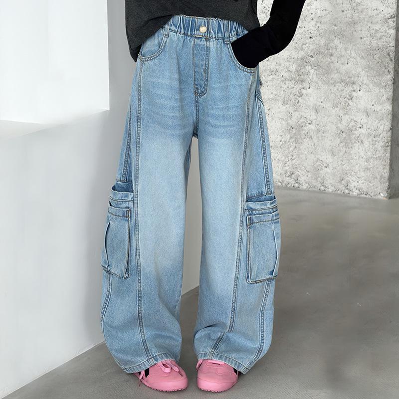 Girls Wide-Leg Denim Overalls: Stylish Korean Streetwear for Spring/Summer 120 cm