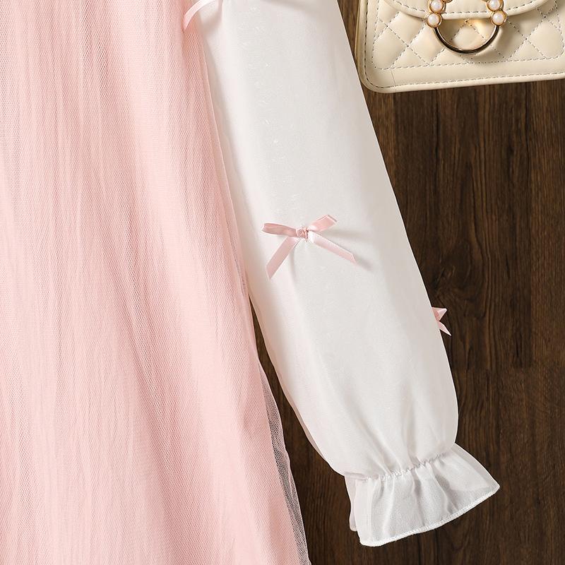 Girls Dress 2025 Autumn Long Sleeve Fashion Bow Sweet Mesh Skirt Princess Pink Dress for Children