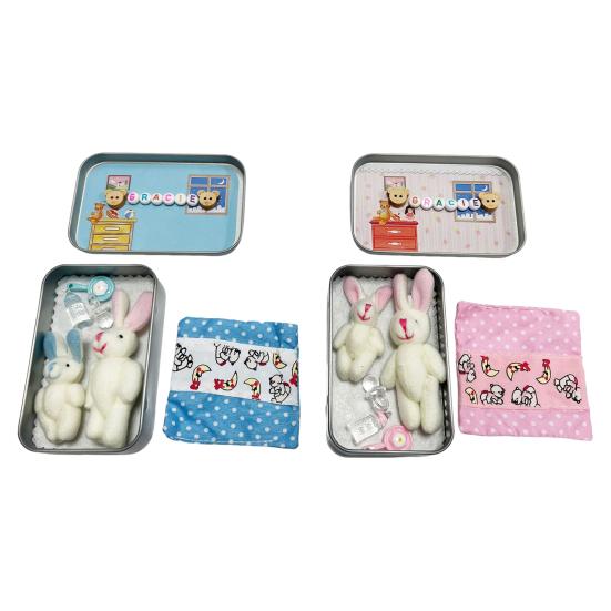 Little Pocket Bunny in Box Mini Plush Mom And Baby Bunny Living in A Tin Box Easter Basket Stuffer Gifts for Kids