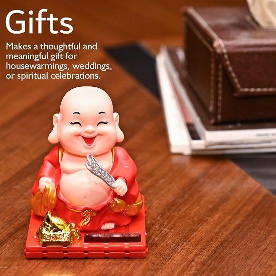Solarbetriebene Buddha-Mönchsfigur - Feng Shui-Dekor für Reichtum, Wohlstand und Glück mit beweglichem Kopf und Hand (rot)