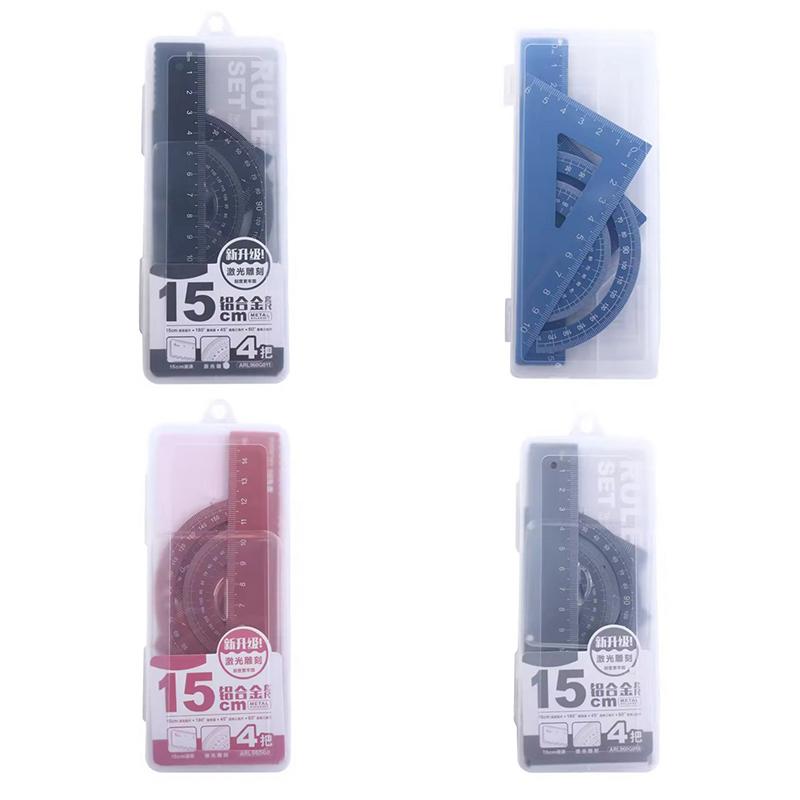 New 4Pcs/Set Aluminium Ruler Set Metal/Plastic/Soft Geometry Maths Drawing Compass Stationery Rulers Mathematical For School