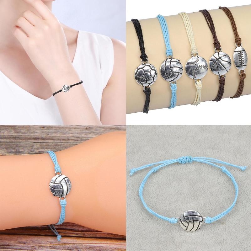 Sports Ball Bracelet Adjustable Basketball Charm Bracelet Basketball Braided Cord Bracelet with Charm for Girl Women Men