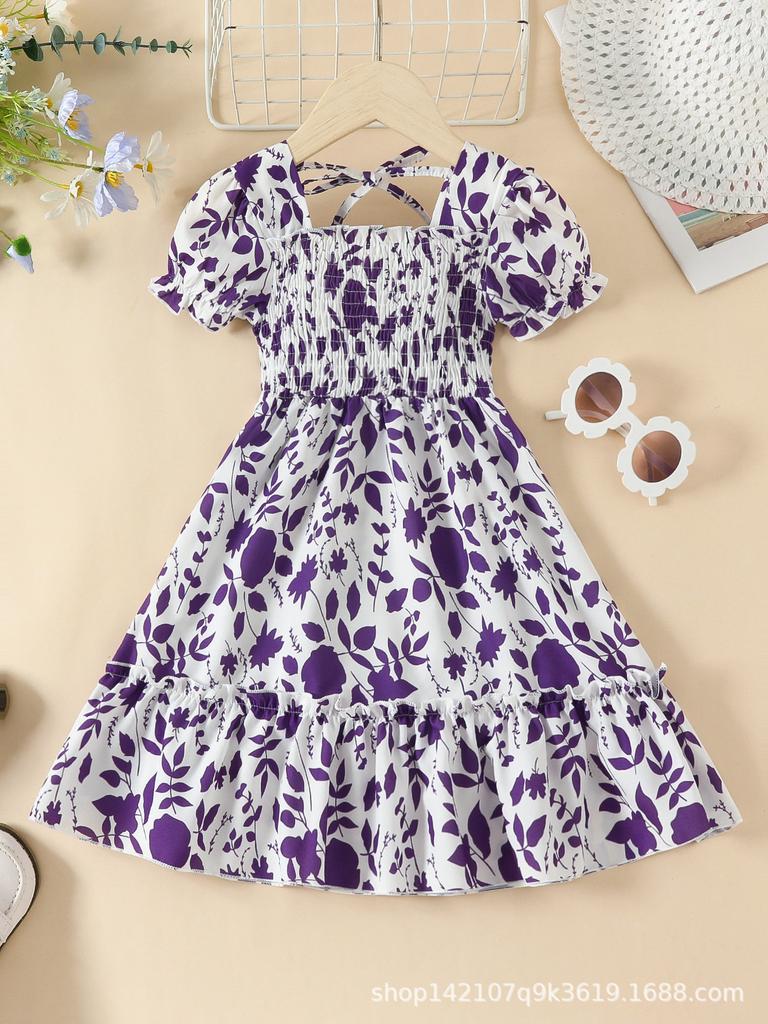 Girls Fashion Short Sleeve Dress Summer Children Sweet Fresh Floral Dress