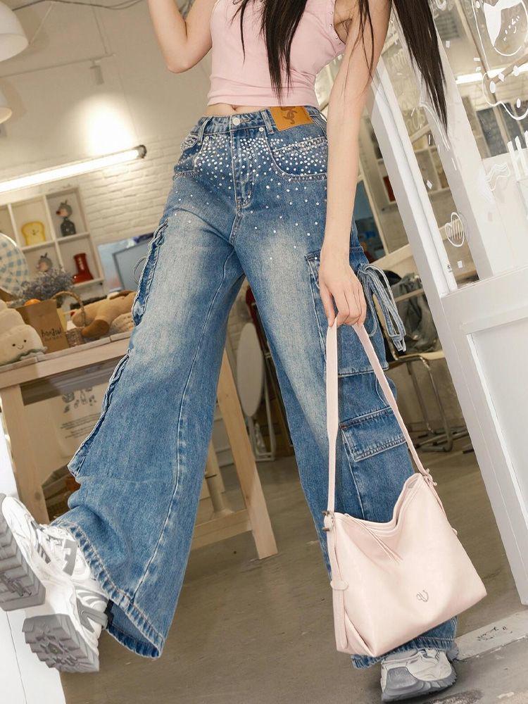 Women's Summer Cargo Pants - Lace-Up Multi-Pocket Wide Leg Trousers with Hot Drill Patchwork