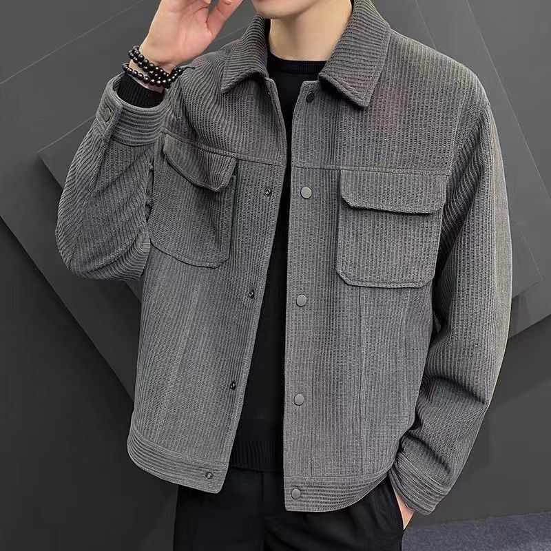 2025 Spring Casual Retro Corduroy Tooling Lapel Jacket Men's Korean Version Trendy Boys Slim Autumn and Winter Jacket