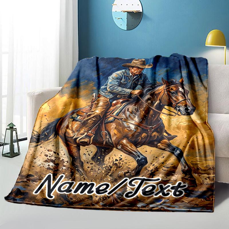 1PC Custom Name Rider Horse Adventure Flannel Blanket Versatile,all-season Throw Suitable for the Living Room,bedroom,camping,travel,and Gift