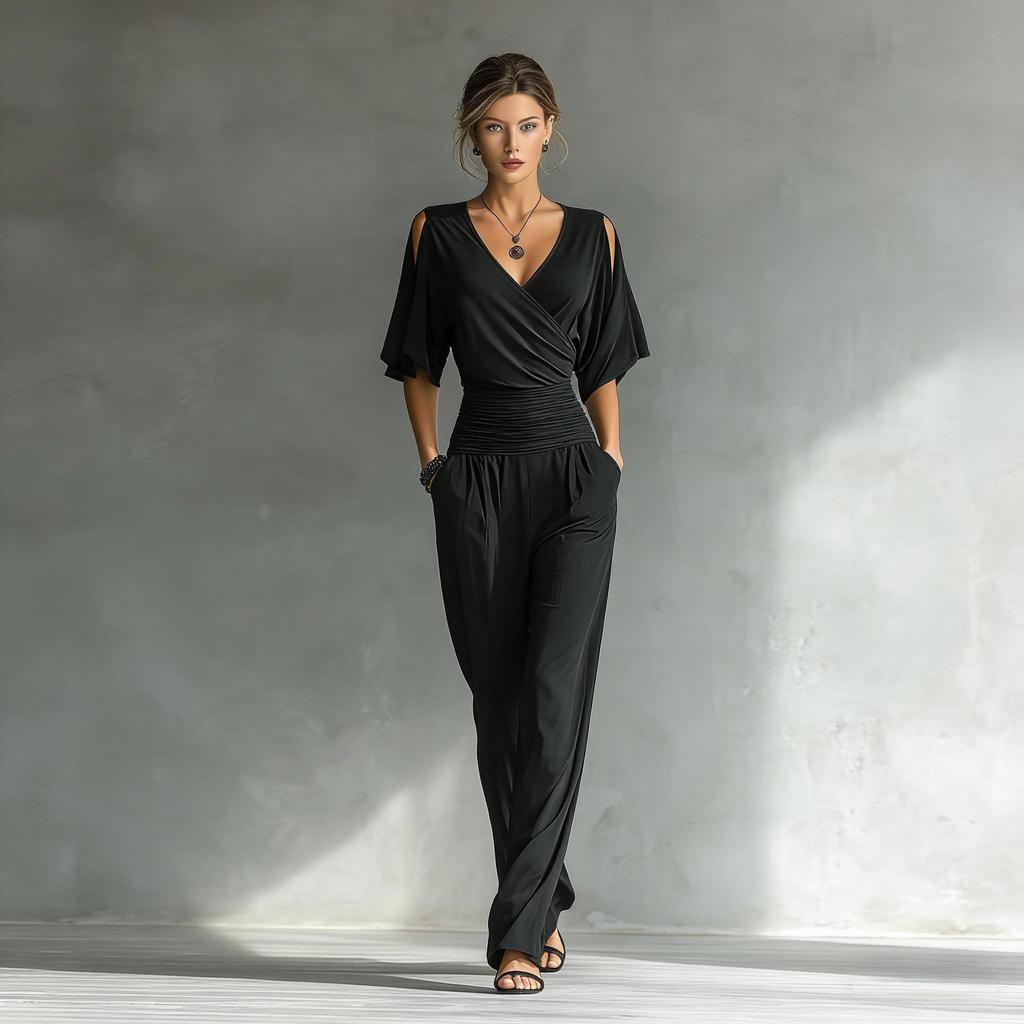 Women's V Neck One Shoulder Wide Leg Jumpsuit Solid Khaki Casual Outfit