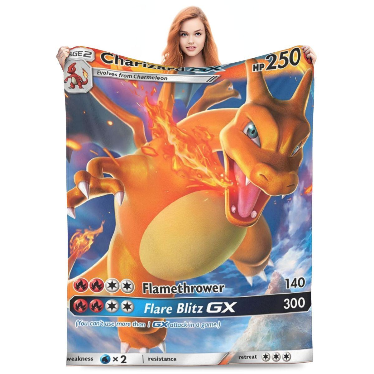 

Warm Blanket Airplane Travel Pokemon Anime Card Charizard Throw Blanket Flannel Bedspread For Living Room Fluffy Sofa Bed Cover 30x40in