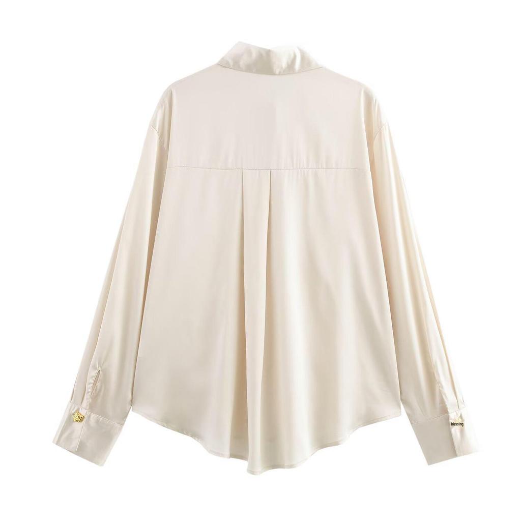 Women's Spring 2025 Silk Satin Long-Sleeve Shirt with Turn-Down Collar