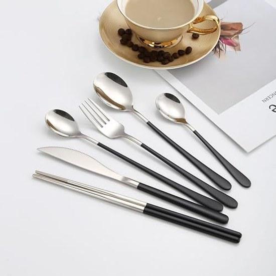 Cutlery Set Knife Fork Spoon 8 Pieces 2 People 18-8 Stainless Steel Seamless Integrated Long Handle Everyday Use (Silver/Black)