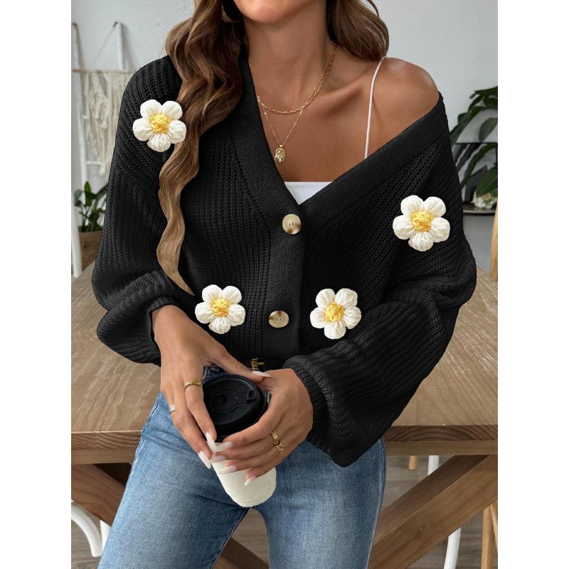 Women's Knitted Sweater Autumn Winter Hand Crochet Patchwork Short Button Cardigan Sweater
