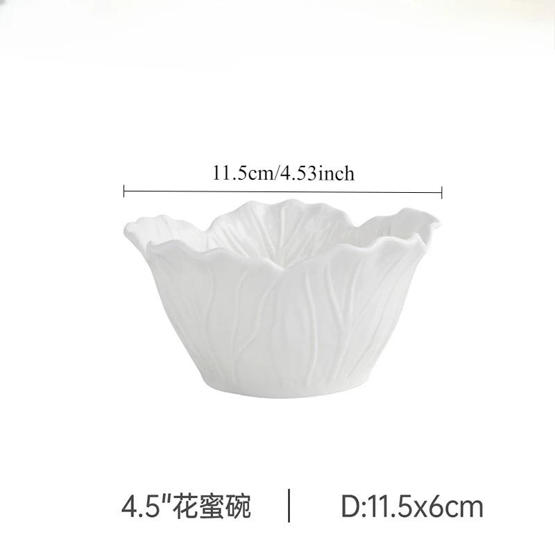 Nordic Luxury Flower Ceramic Bowl Pure White Creative Cabbage Relief Tableware Fruit and Vegetable Salad Bowl, Large Soup Bowl